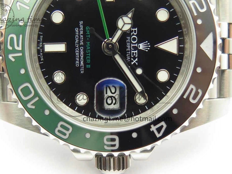 0201 UrbanChic GMT-Master II 126710 BLRO BPF Black Green Ceramic Bezel SS Black Dial on SS Jubilee Bracelet A 3347